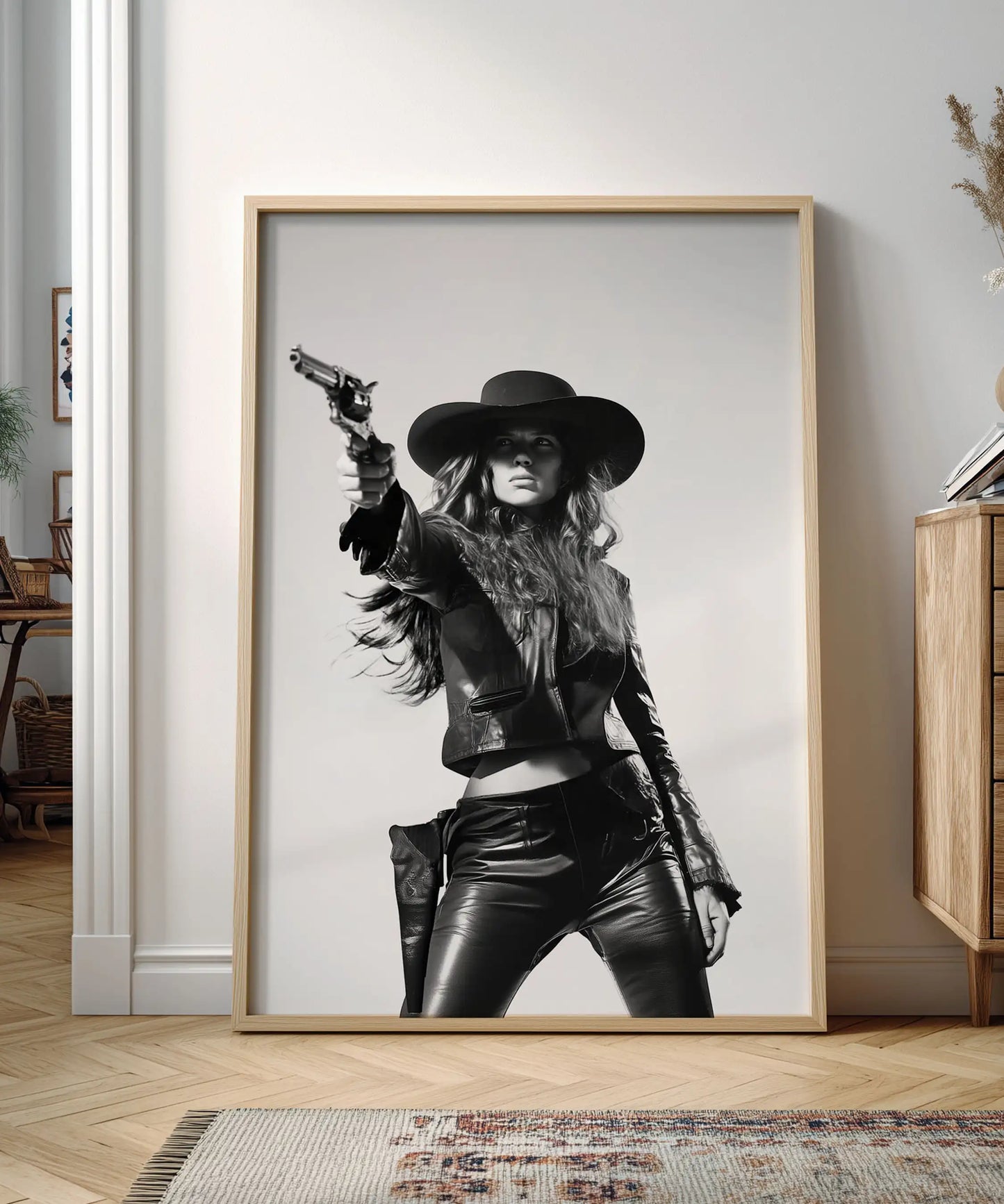 Cowgirl in Leather – Black and White Western Wall Art Print