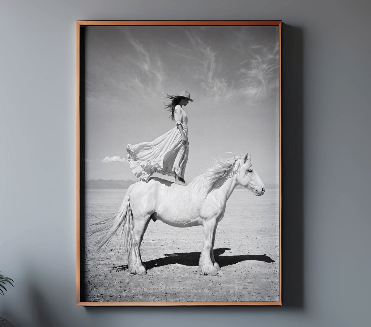 IN WHITE monochrome cowgirl horse art in a copper frame