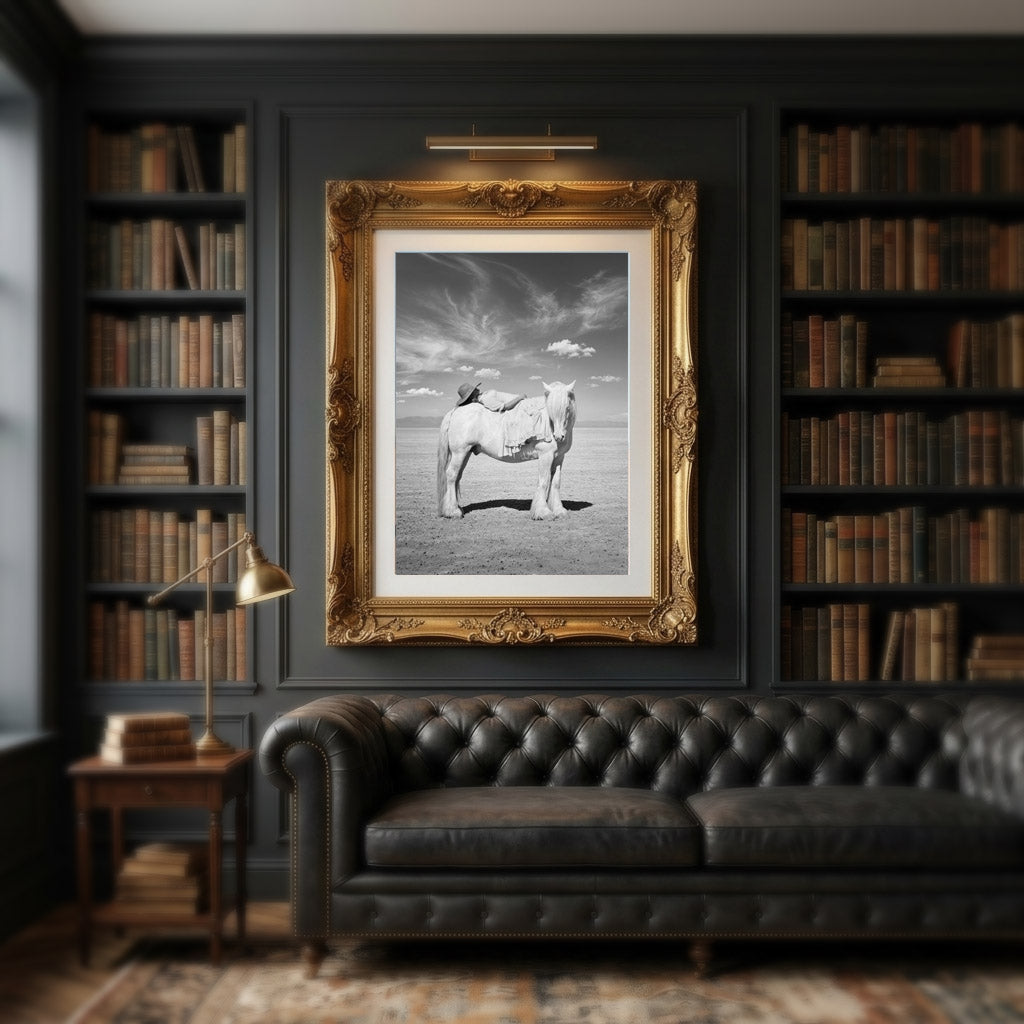 PASSAGE cowgirl and horse wall art displayed in an ornate frame above a leather sofa