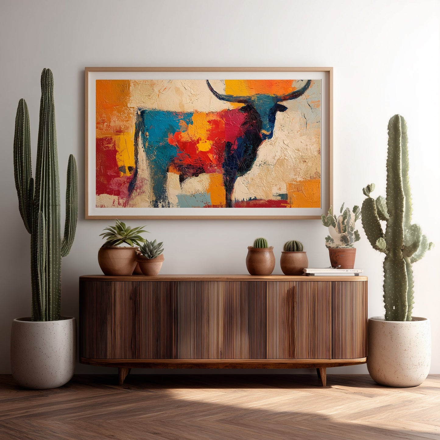 SKITTLE colorful abstract longhorn print above a wood console