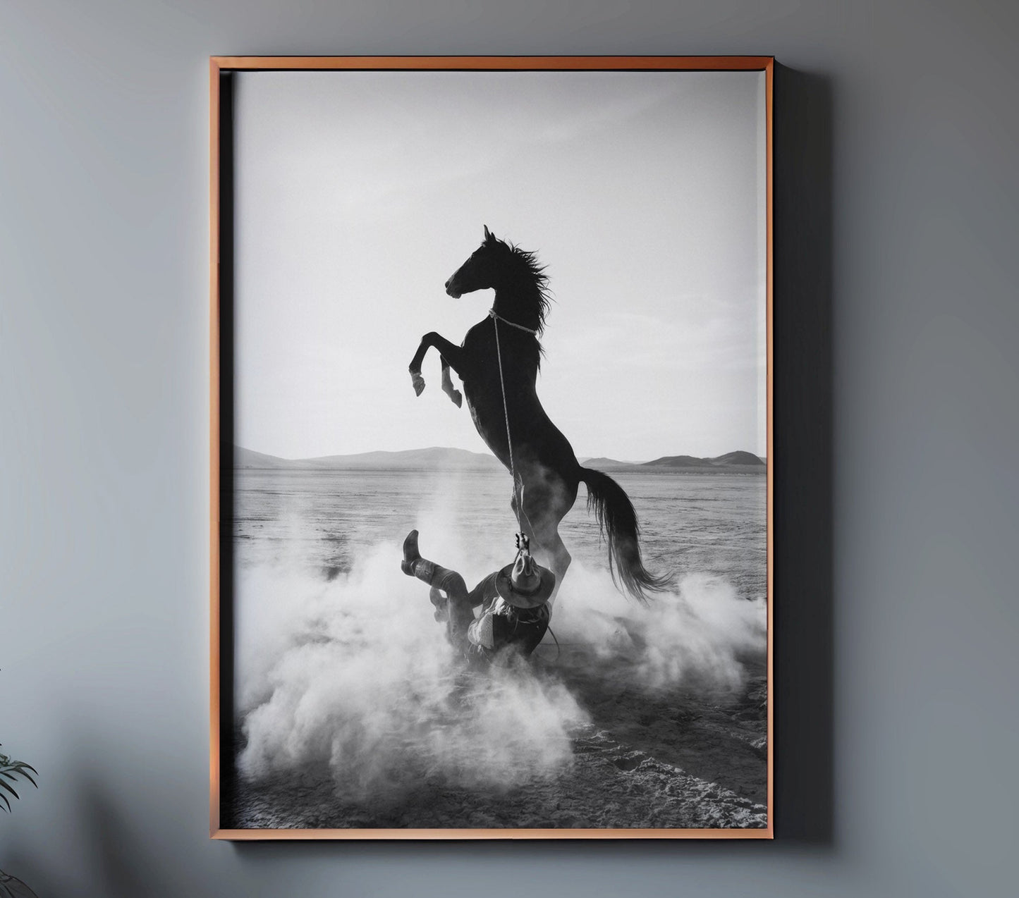 TUGBOAT western horse and fallen cowboy wall print in a copper frame