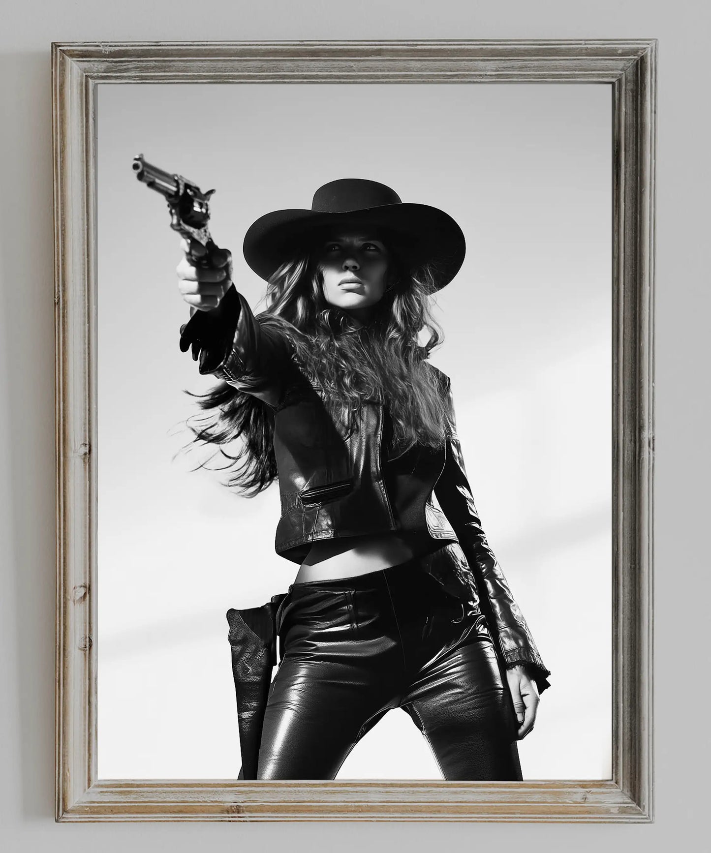 Cowgirl in Leather – Black and White Western Wall Art Print