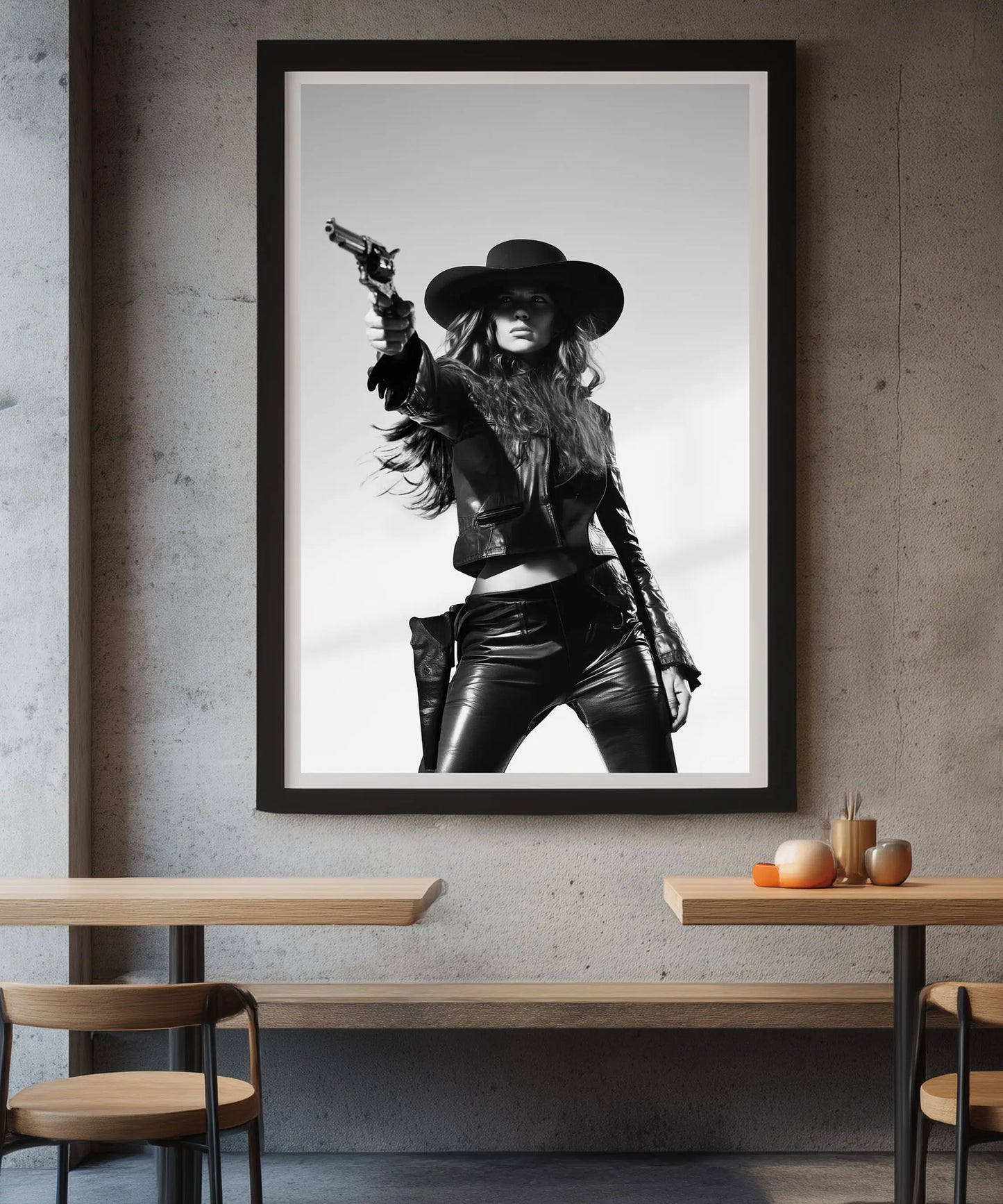 Cowgirl in Leather – Black and White Western Wall Art Print