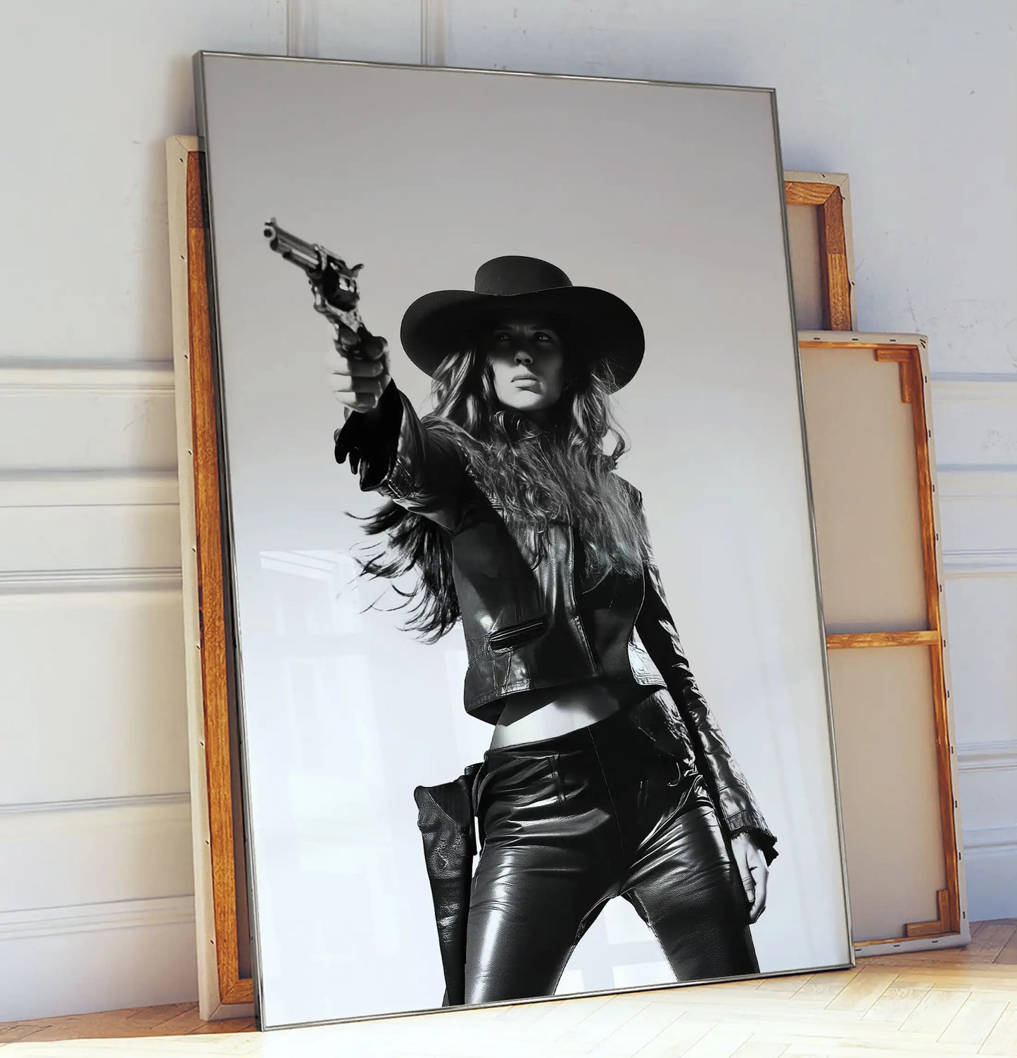 Cowgirl in Leather – Black and White Western Wall Art Print