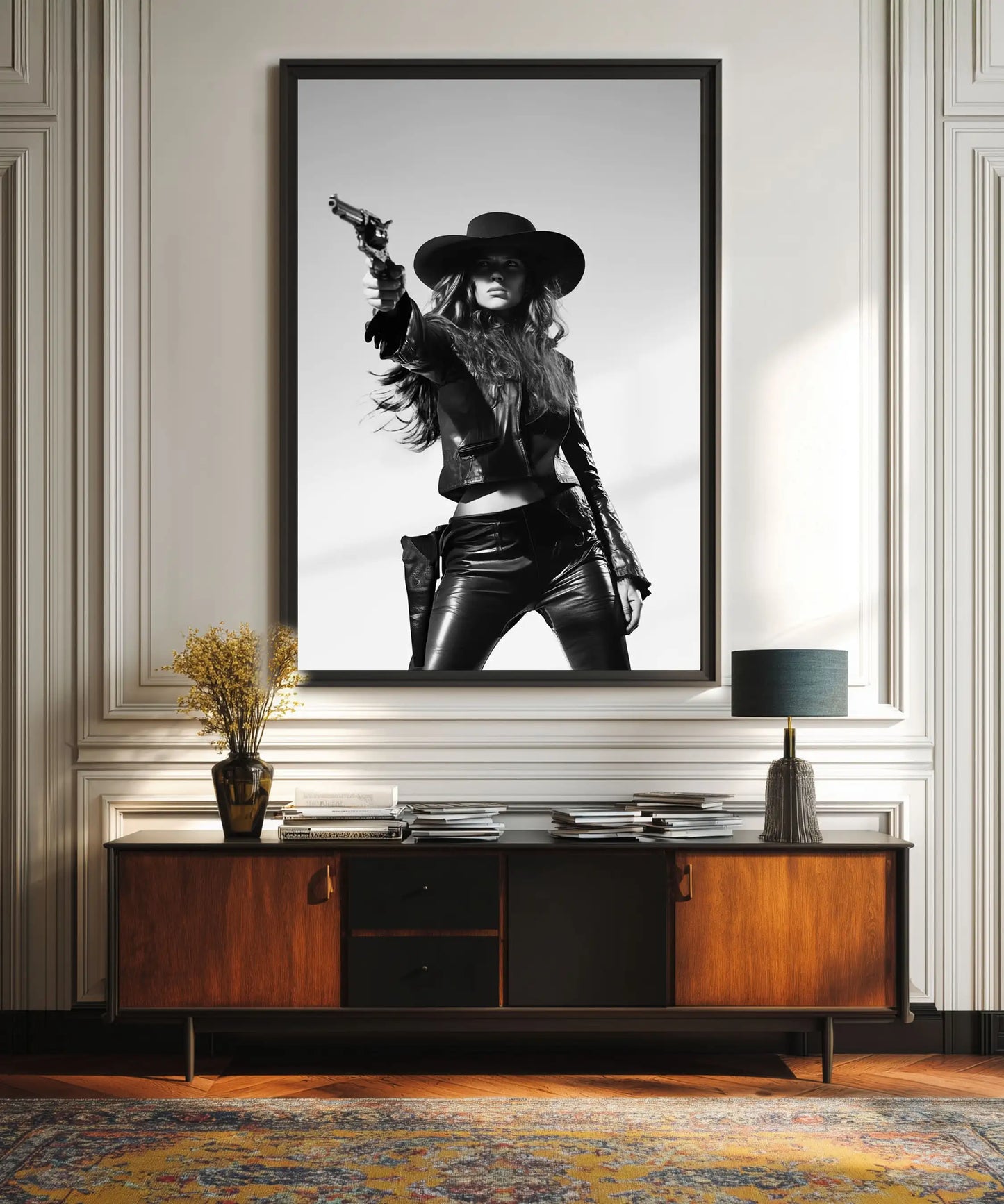 Cowgirl in Leather – Black and White Western Wall Art Print