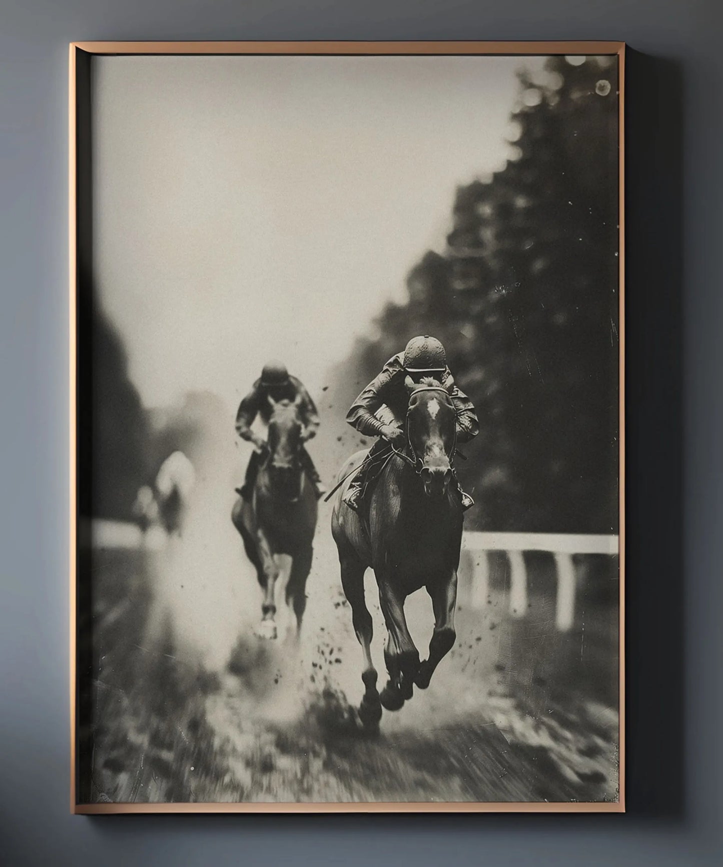 “FINISH” equestrian wall art print shown in a styled interior
