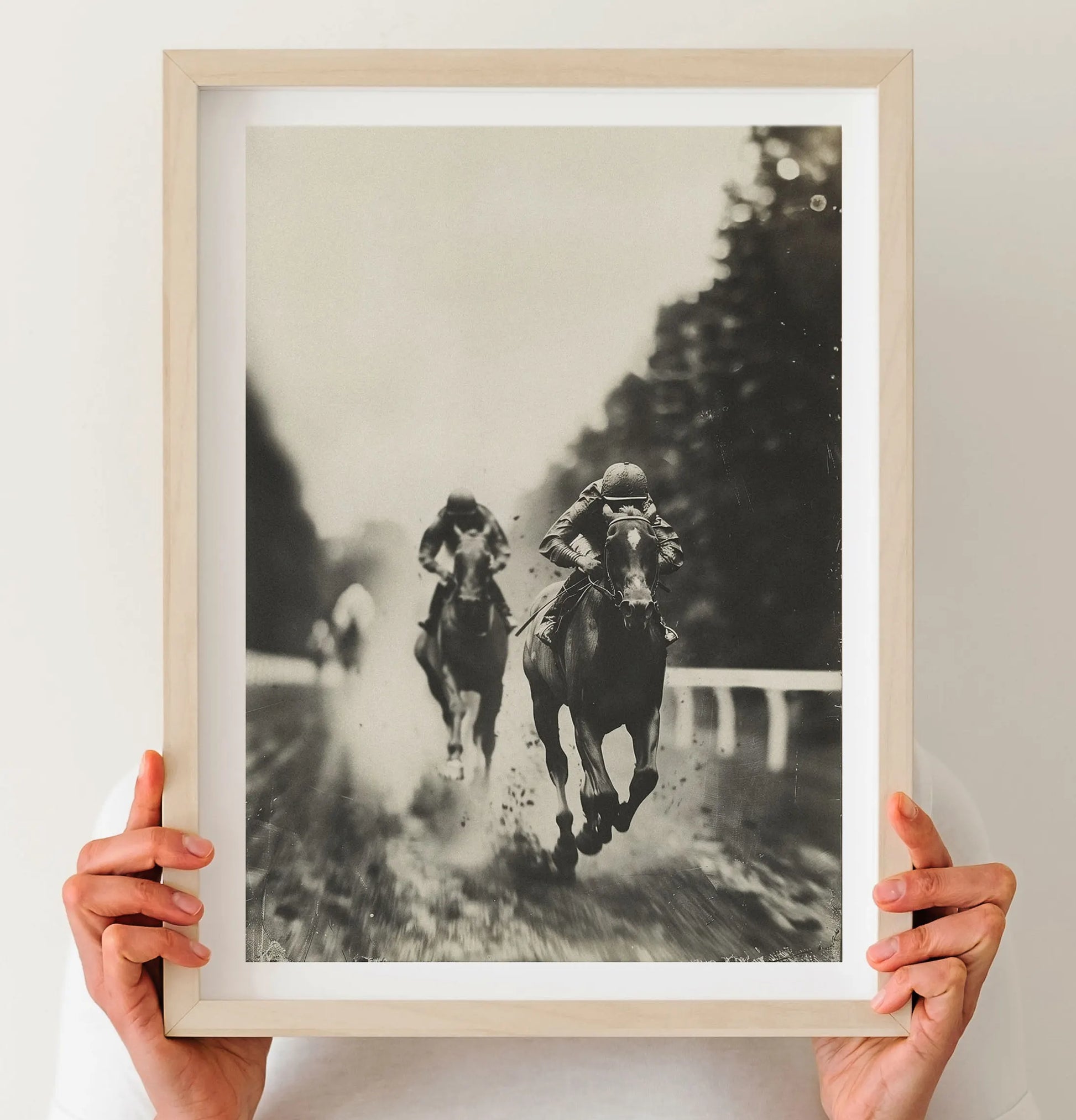 Close-up detail of “FINISH” equestrian wall art print