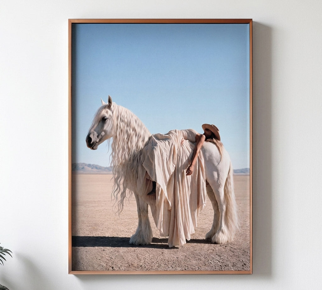 FLOW cowgirl and white horse wall art by Feather & Bone