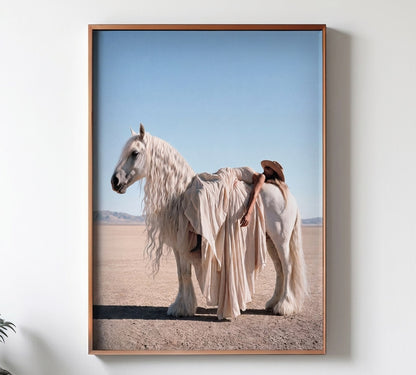 FLOW cowgirl and white horse wall art by Feather & Bone