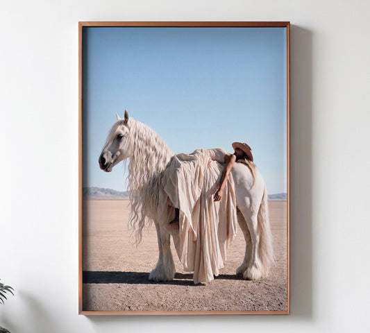 FLOW cowgirl and white horse wall art by Feather & Bone
