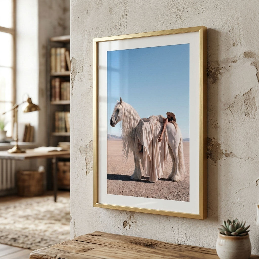 FLOW desert cowgirl horse art displayed behind glass in a gold frame
