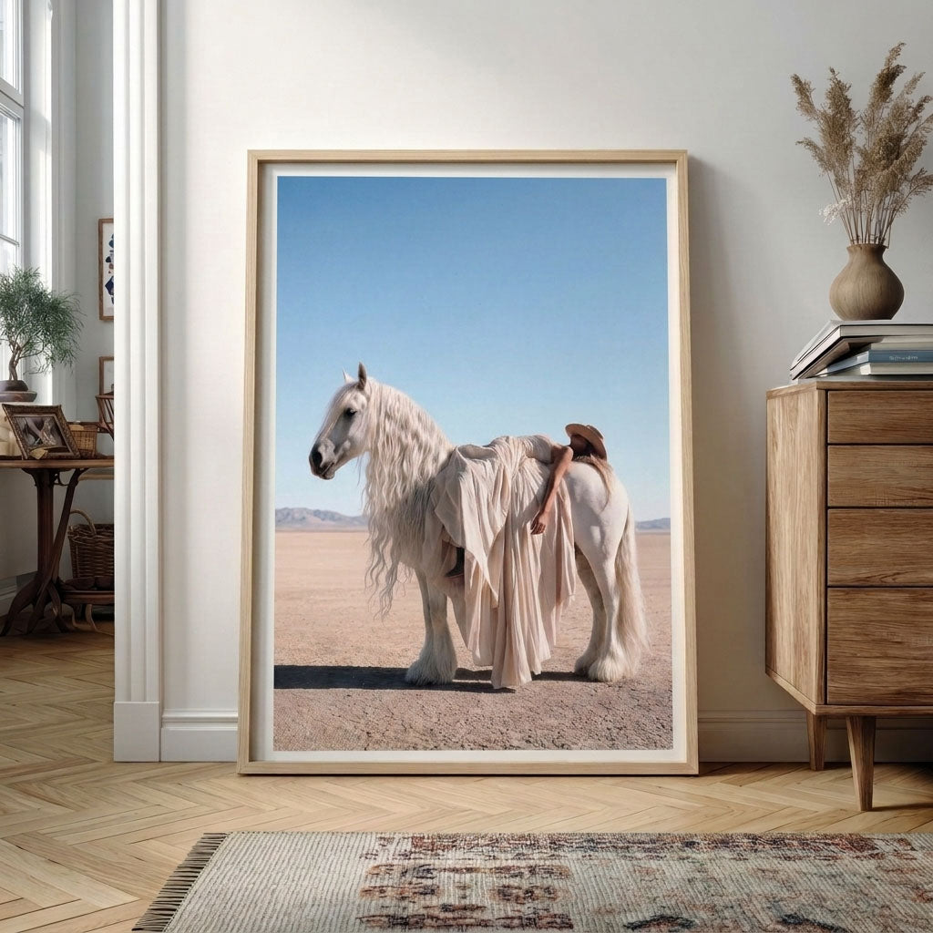 FLOW large framed equestrian art leaning on the floor in a modern interior