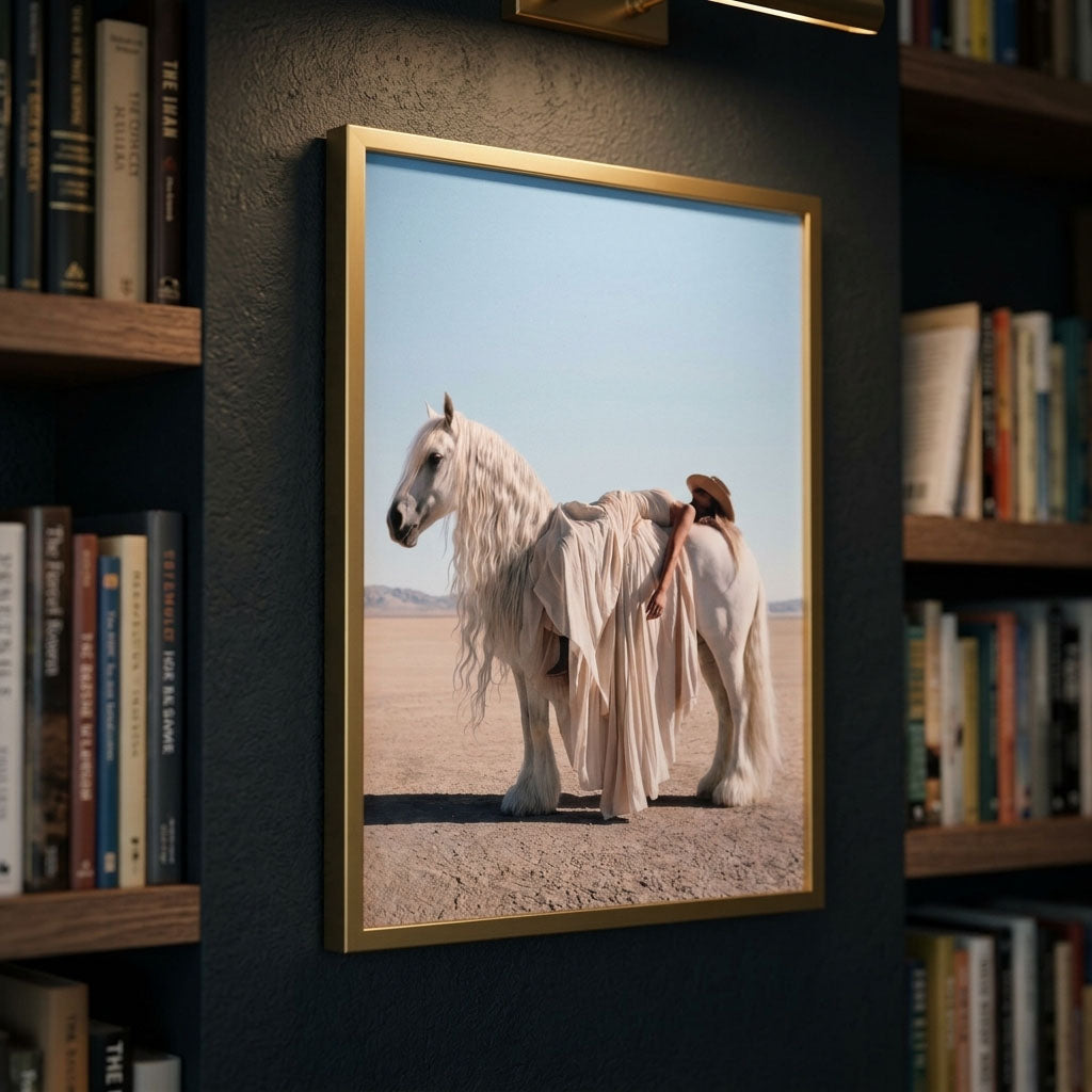 FLOW white horse and cowgirl art in a rustic wood frame