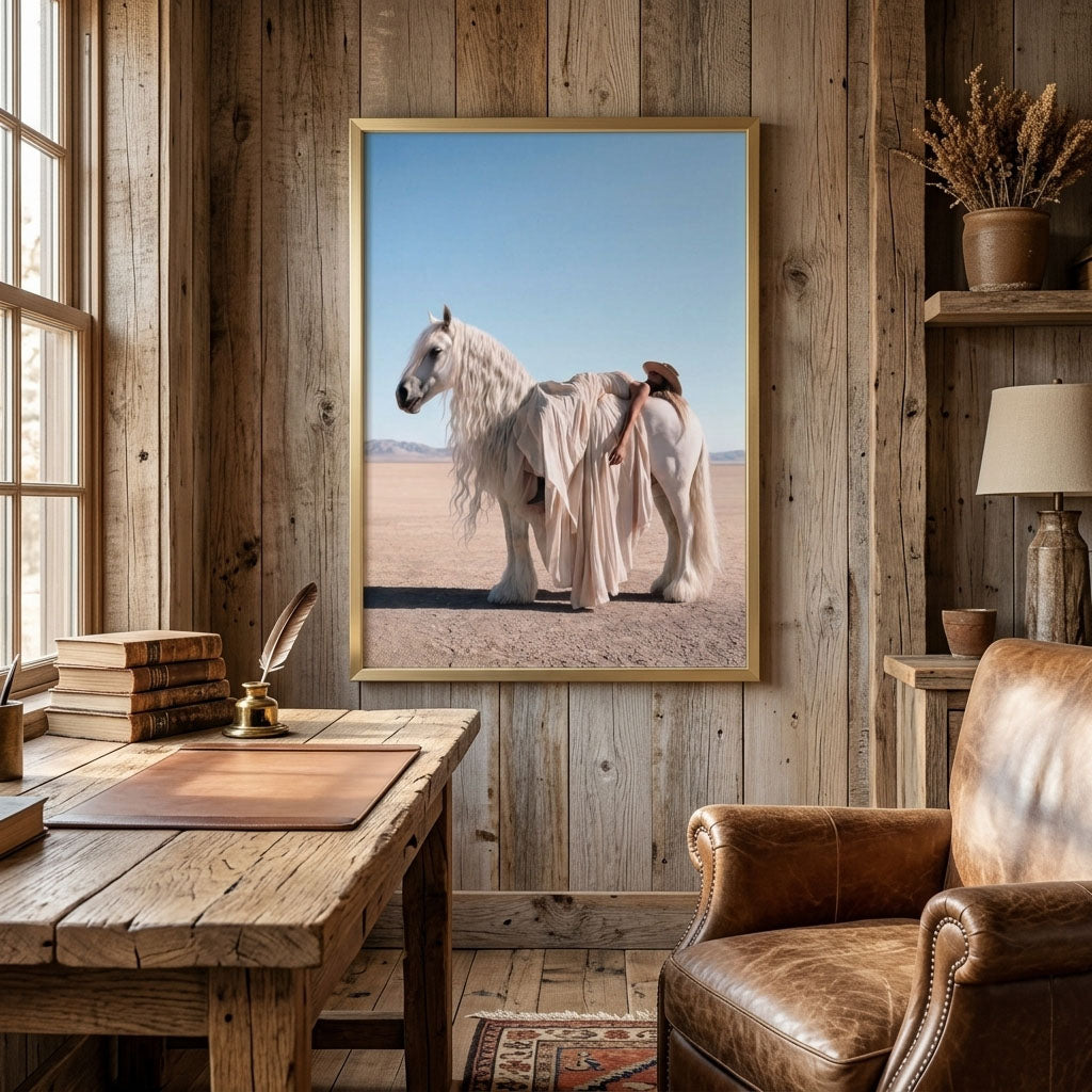 FLOW cowgirl and white horse print in a rustic Western office