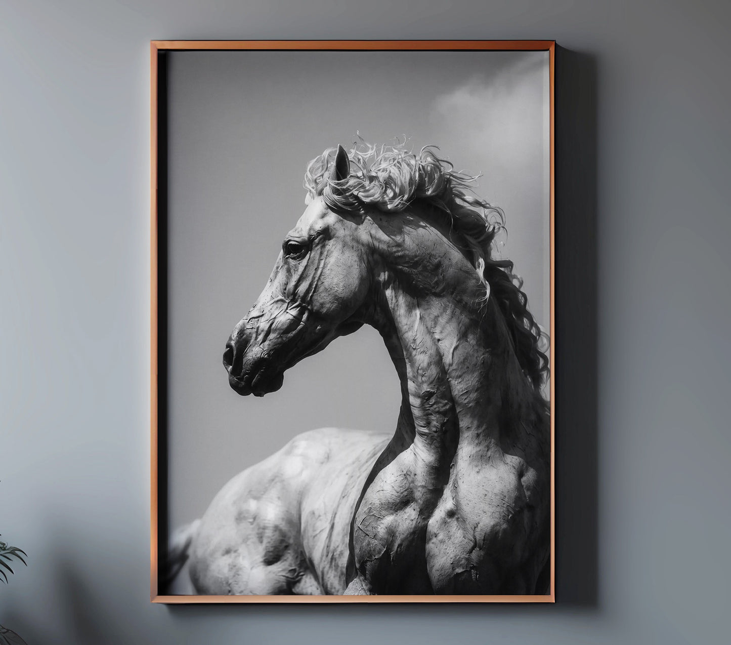 FLUID monochrome horse wall art displayed in a copper frame