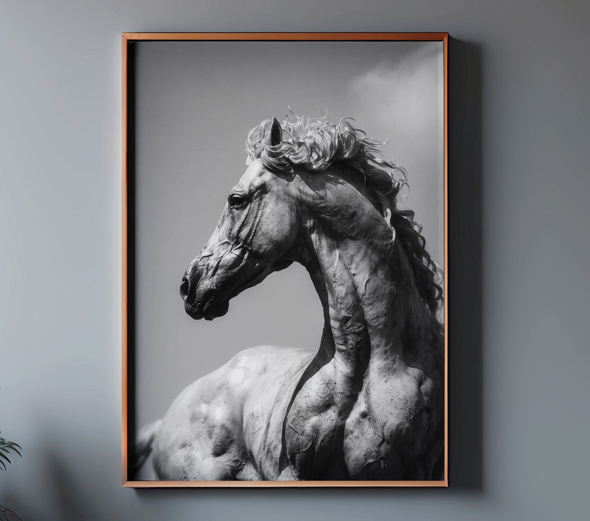FLUID monochrome horse wall art displayed in a copper frame