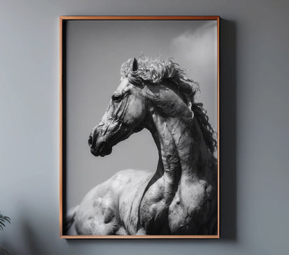FLUID monochrome horse wall art displayed in a copper frame