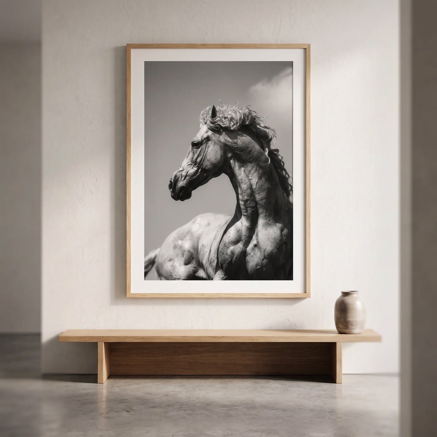 FLUID black and white horse print in a minimalist interior