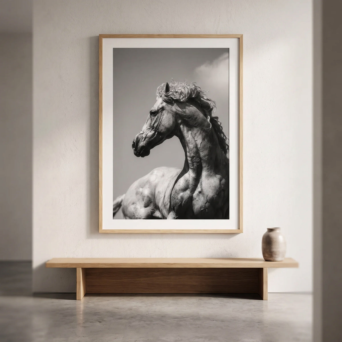 FLUID black and white horse print in a minimalist interior