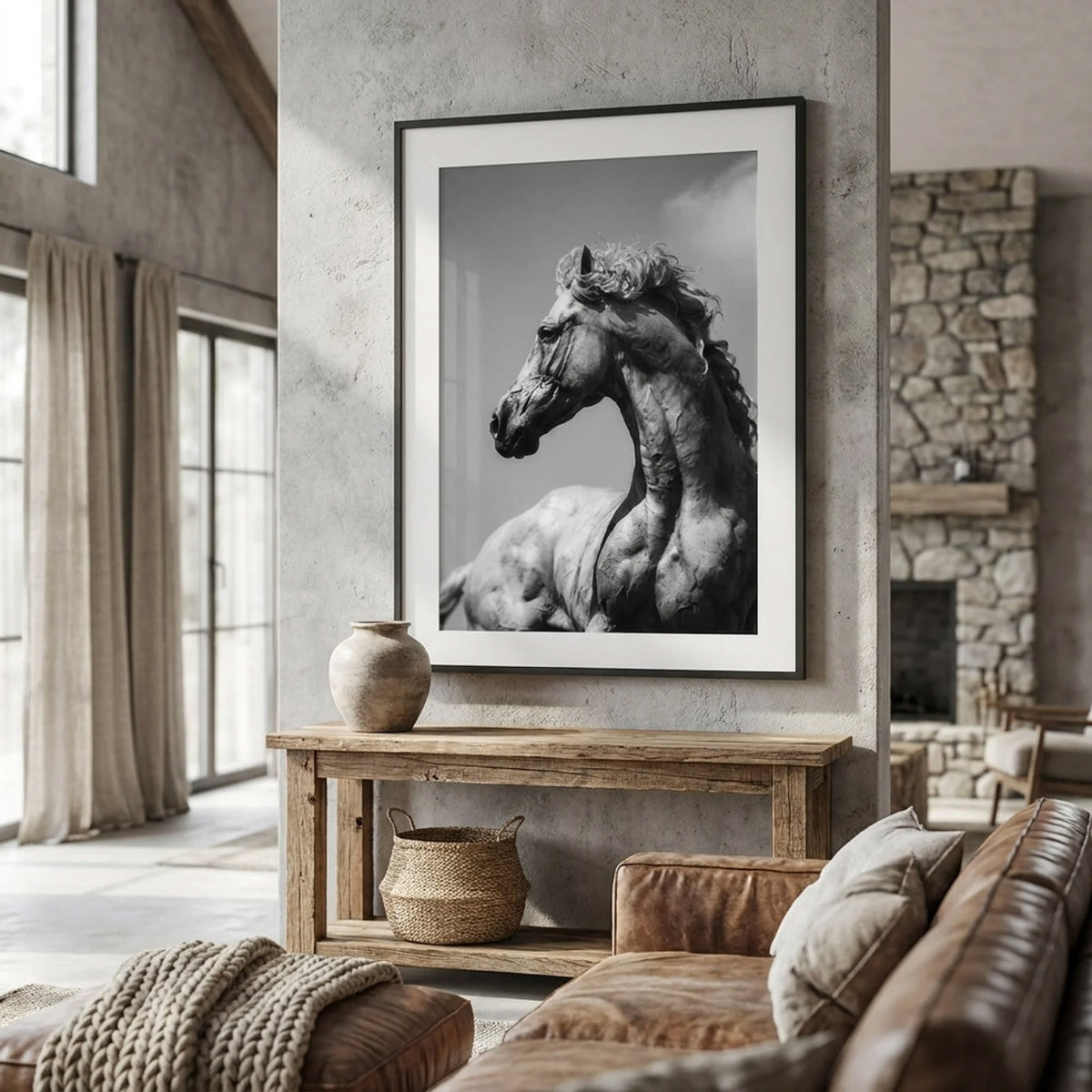 FLUID horse portrait wall art in a rustic modern living room