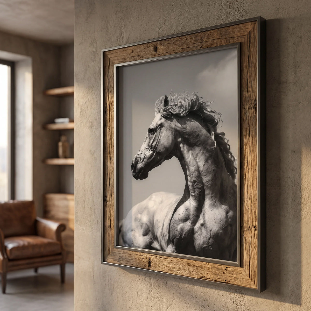 FLUID equestrian wall art displayed in a weathered wood frame