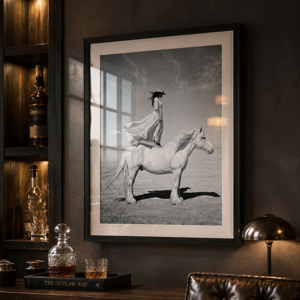 IN WHITE cowgirl wall art displayed behind glass in a Western bar