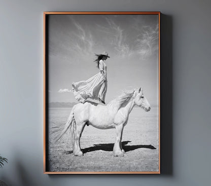 IN WHITE monochrome cowgirl horse art in a copper frame