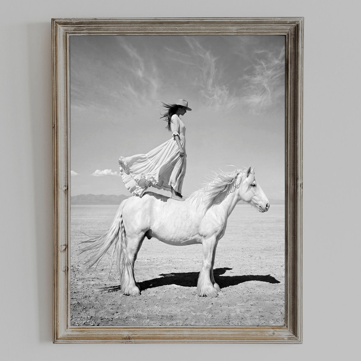 IN WHITE cowgirl and white horse wall art by Feather & Bone