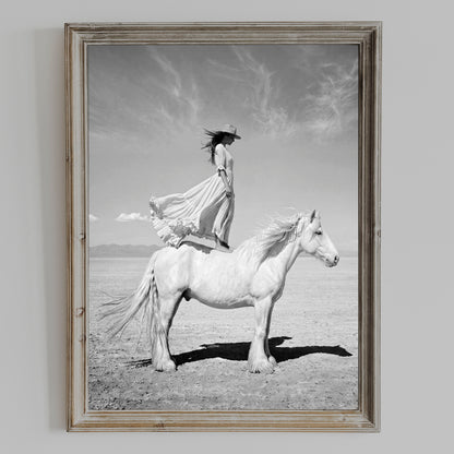 IN WHITE cowgirl and white horse wall art by Feather & Bone