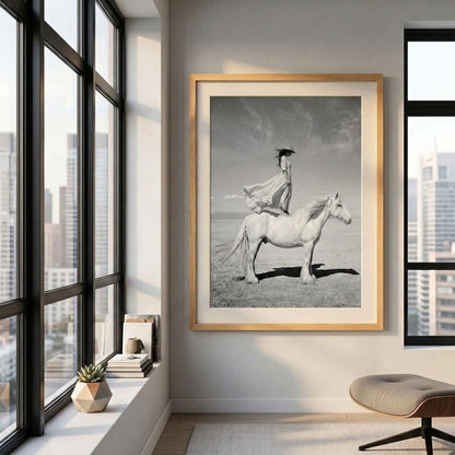 IN WHITE black and white cowgirl print in a modern city interior