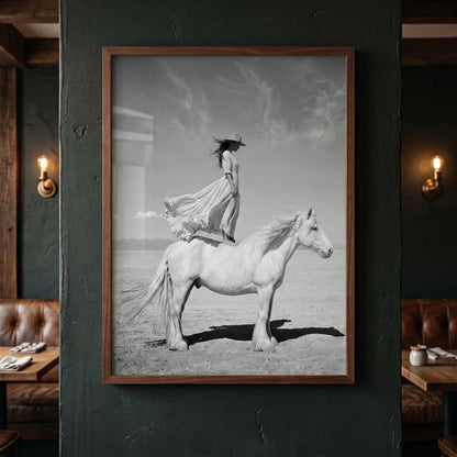 IN WHITE equestrian wall art displayed in a modern restaurant