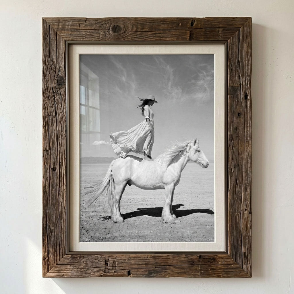 IN WHITE horse and cowgirl art in a rustic wood frame