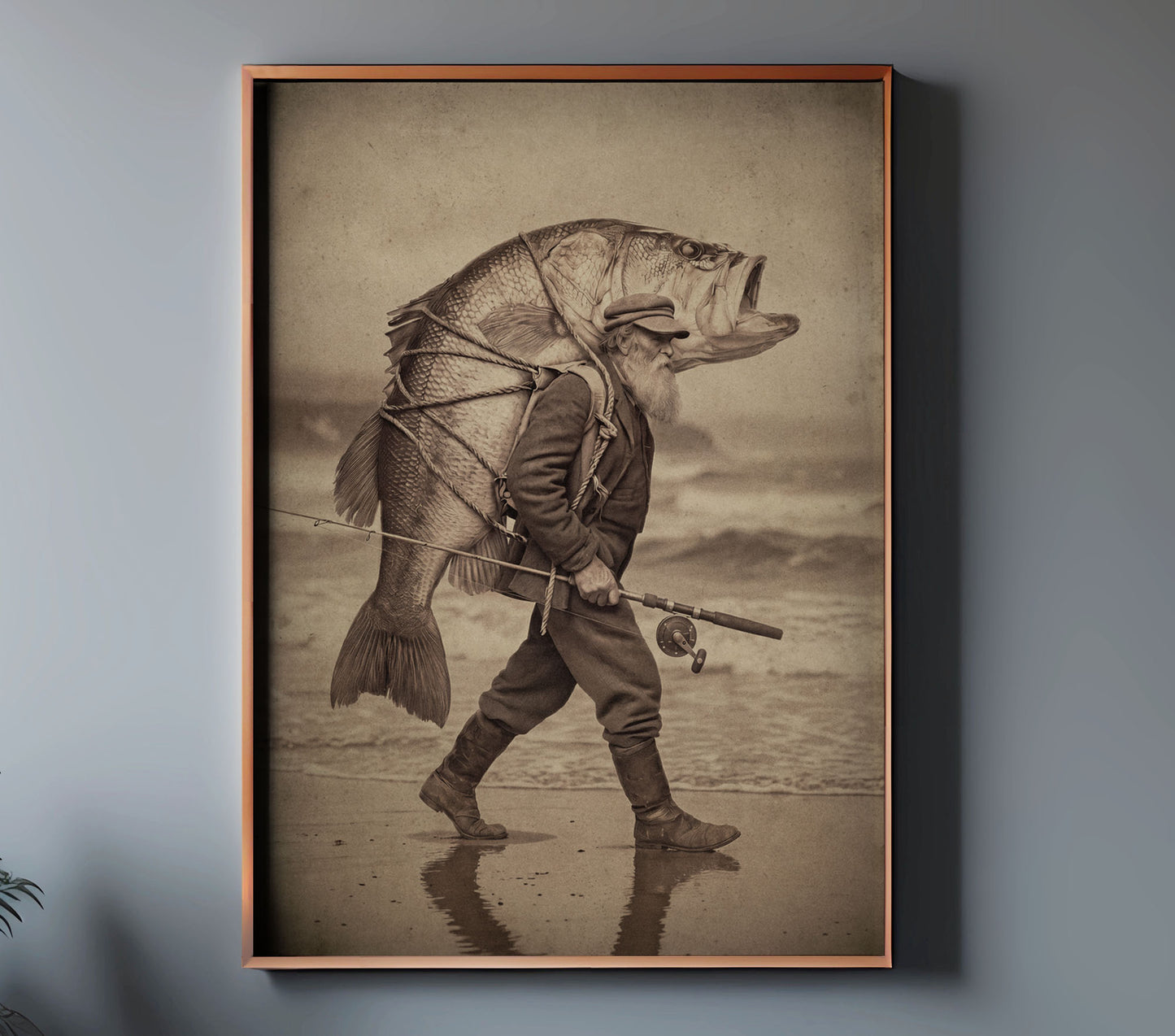NICE BASS oversized bass fisherman art in a copper frame