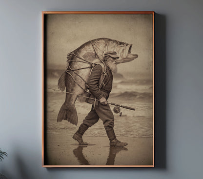 NICE BASS oversized bass fisherman art in a copper frame