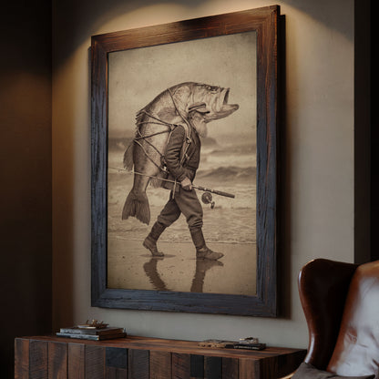 NICE BASS vintage fishing art in a dark rustic interior