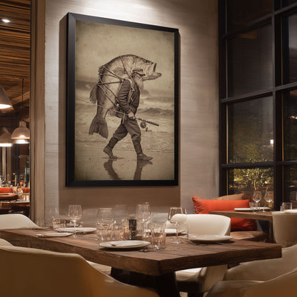 NICE BASS fishing wall art displayed in a modern restaurant
