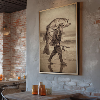 NICE BASS fisherman print displayed in a rustic restaurant