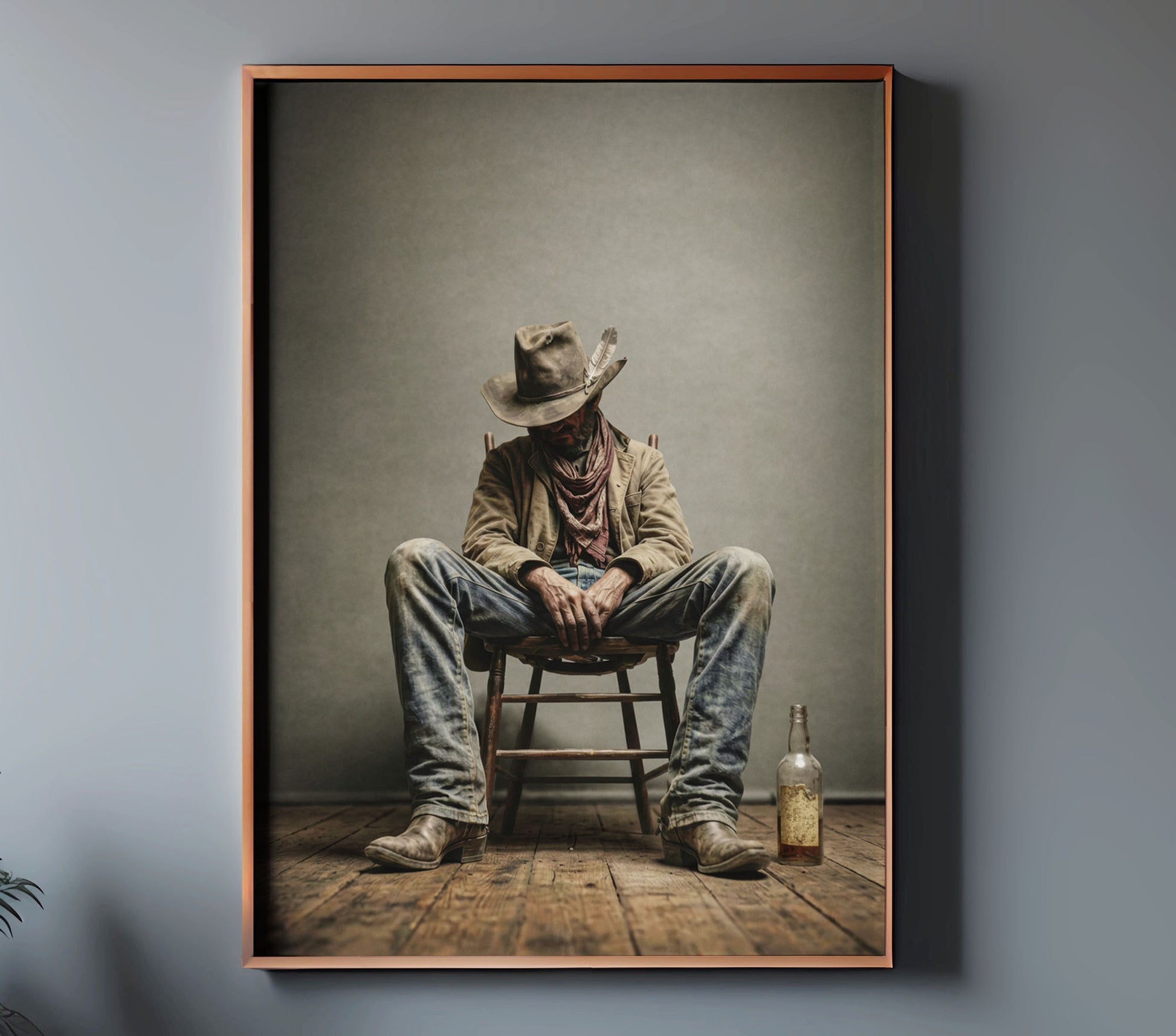RYE cowboy wall art in a modern copper frame mockup
