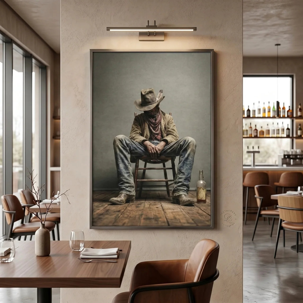 RYE Western cowboy print displayed in a modern restaurant