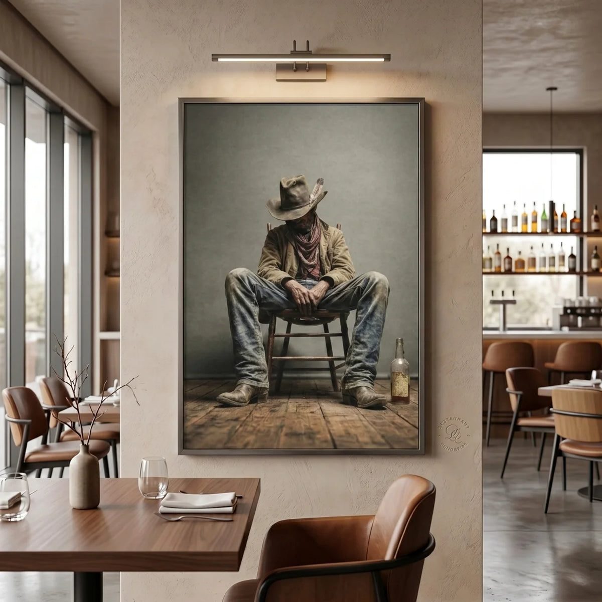 RYE Western cowboy print displayed in a modern restaurant