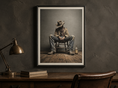 RYE cowboy wall art displayed in a dark rustic office