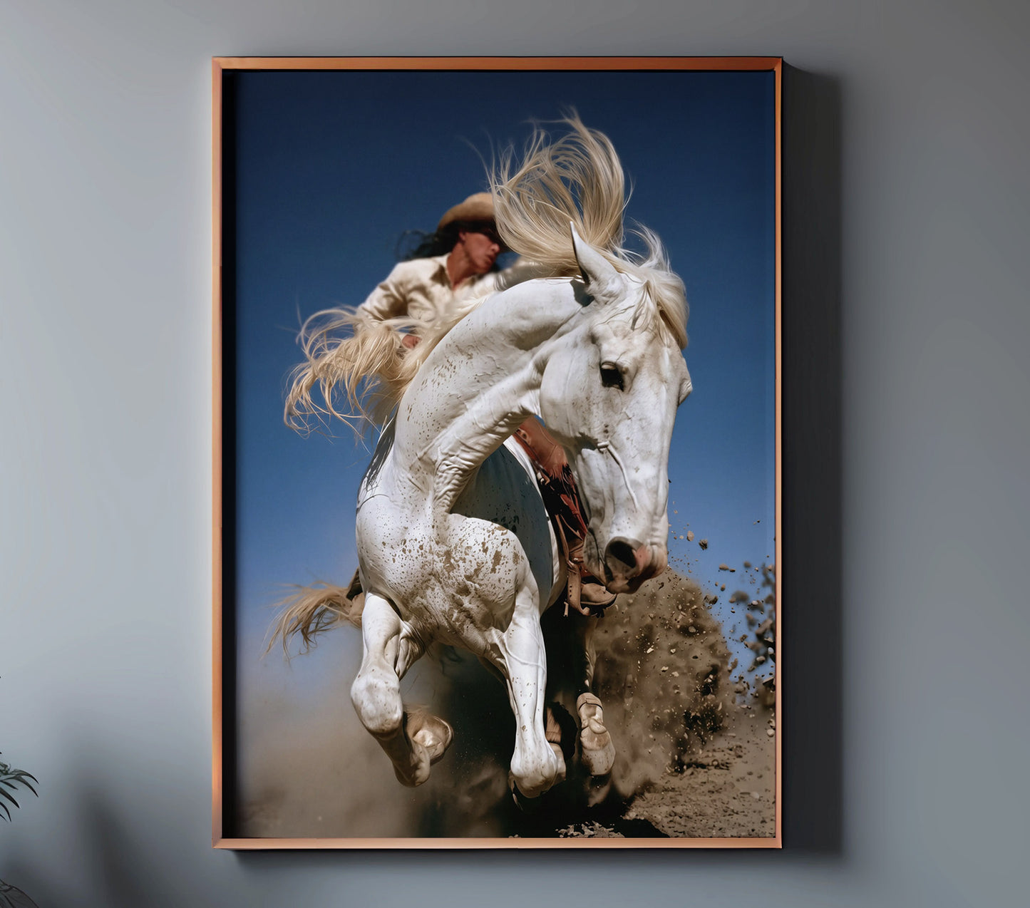 THRUST dynamic cowgirl and white horse art in a copper frame