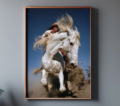 THRUST dynamic cowgirl and white horse art in a copper frame