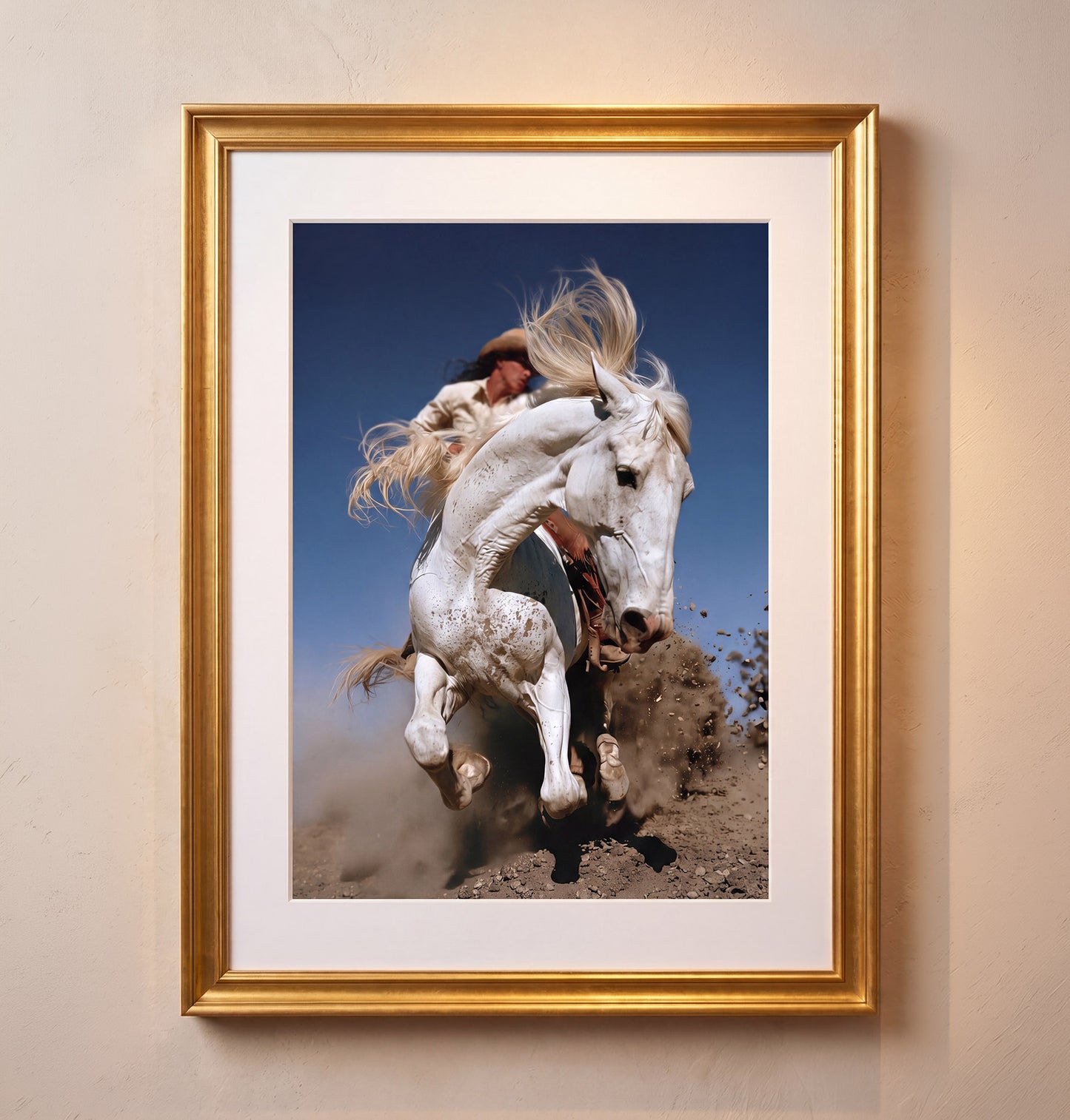 THRUST white horse art displayed in a gold frame