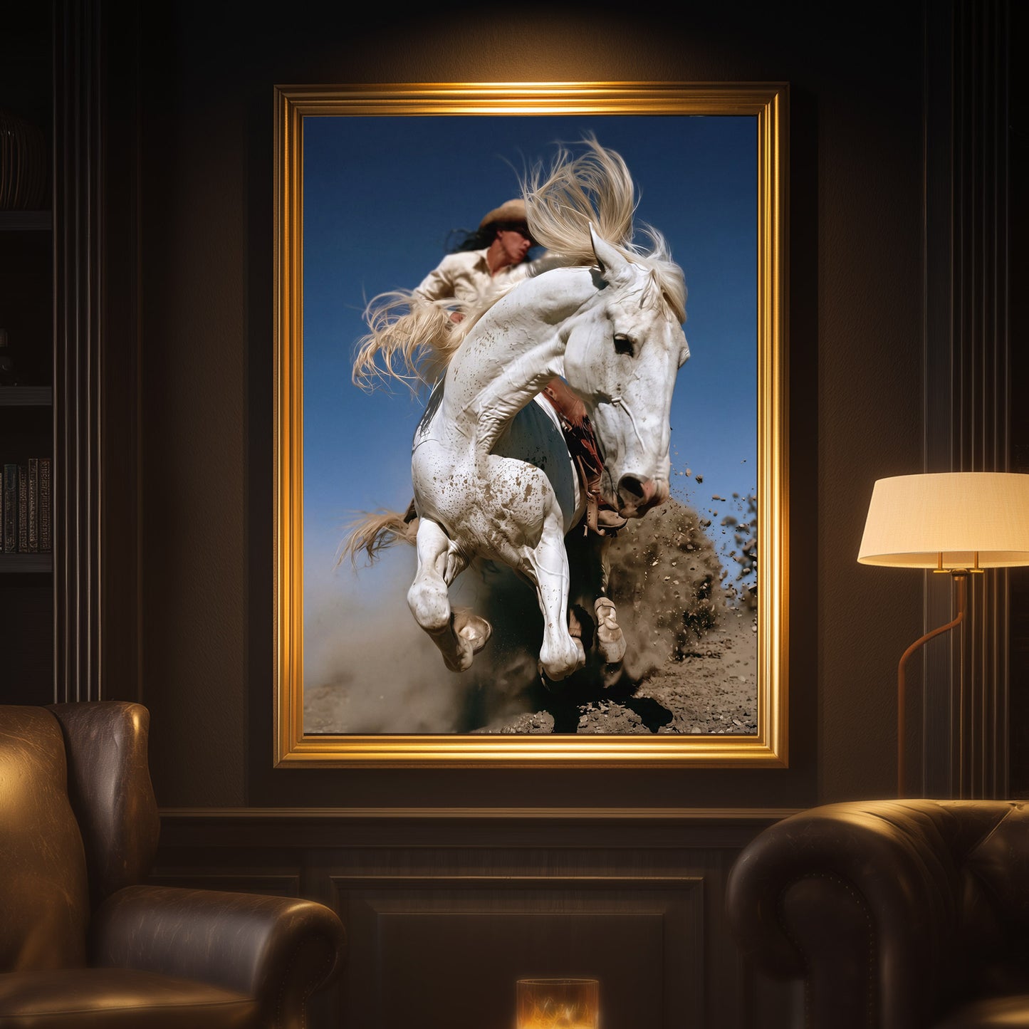 THRUST cowgirl horse print in a moody Western interior