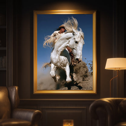THRUST cowgirl horse print in a moody Western interior