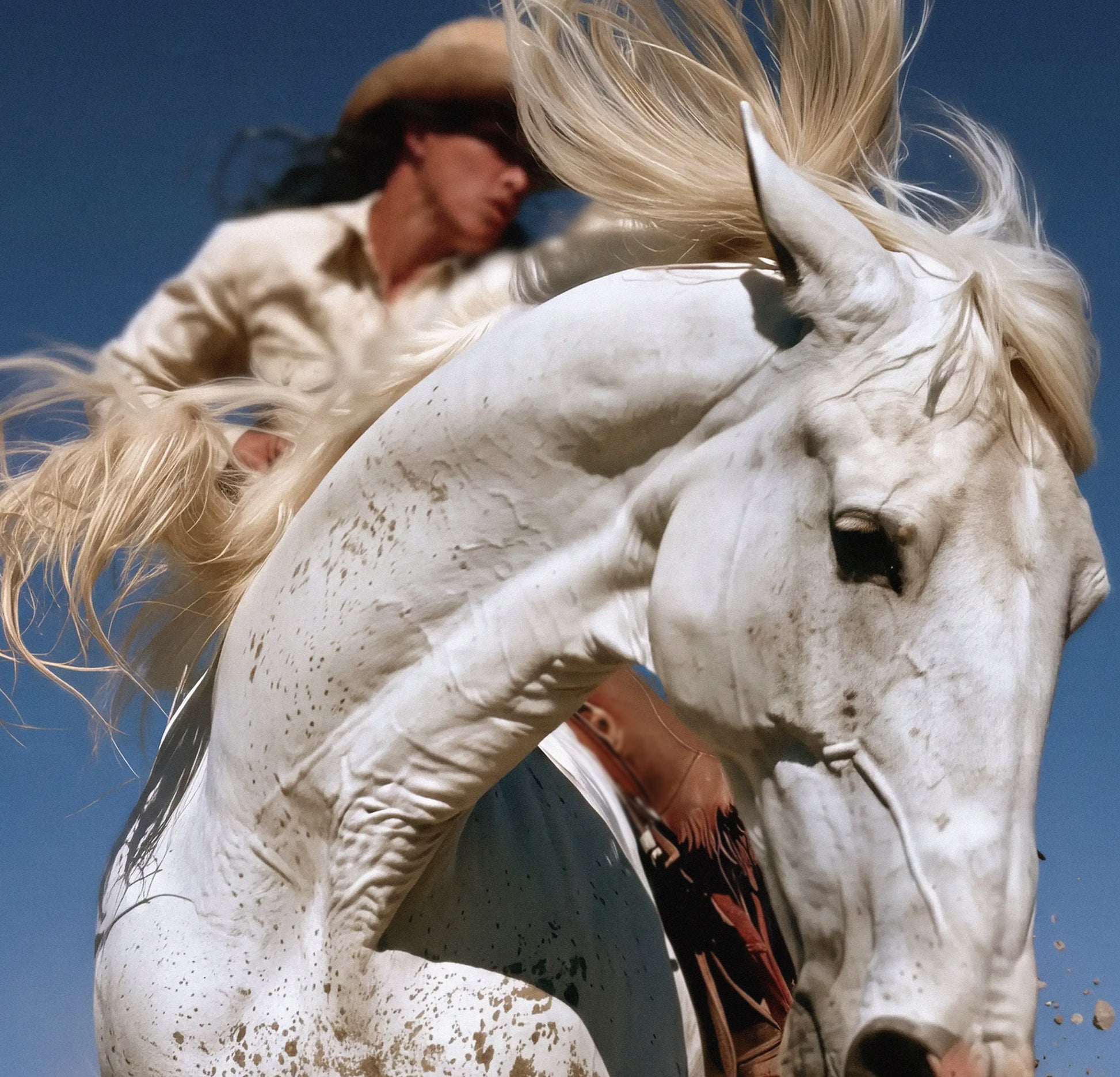 Detail of THRUST white horse action photography wall art