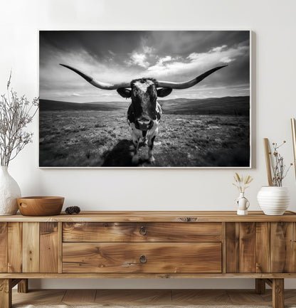 BY THE HORNS texas wall art shown in a styled interior