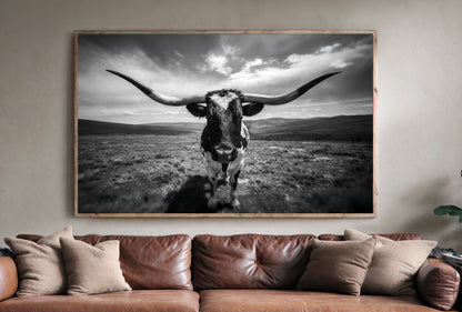 Close-up detail of BY THE HORNS texas wall art