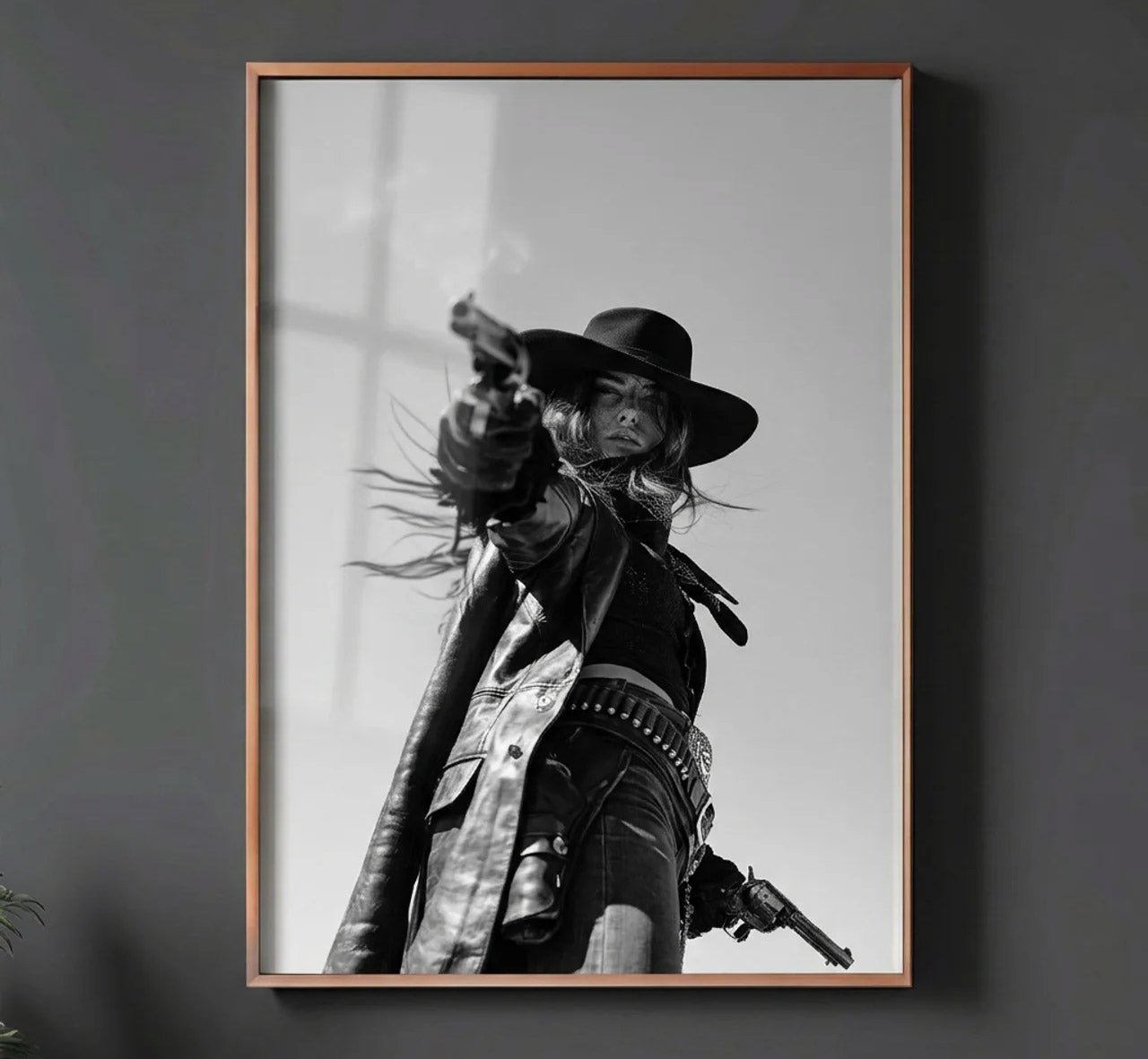 CROSS black and white cowgirl gunslinger wall art in a slim copper frame